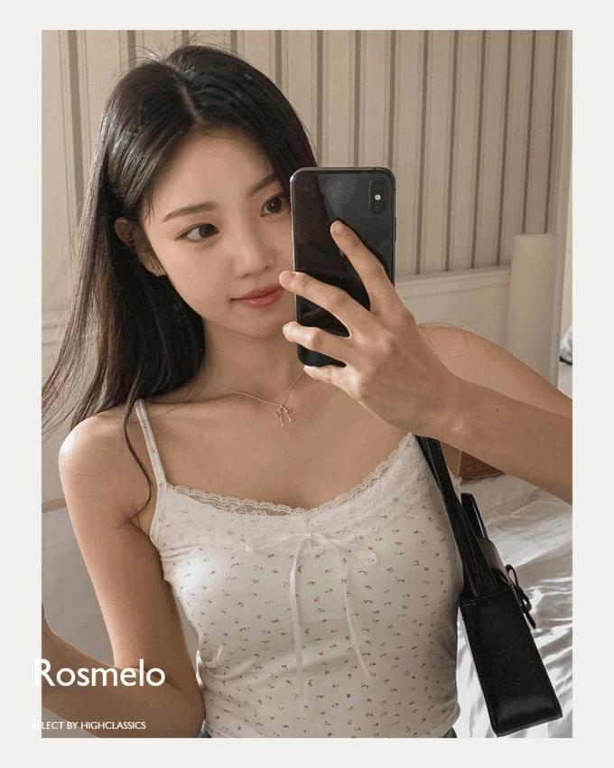 ローズメロVネックレースリボンフラワークロップビスチェストラップスリーブレスTシャツ ノースリーブ ..