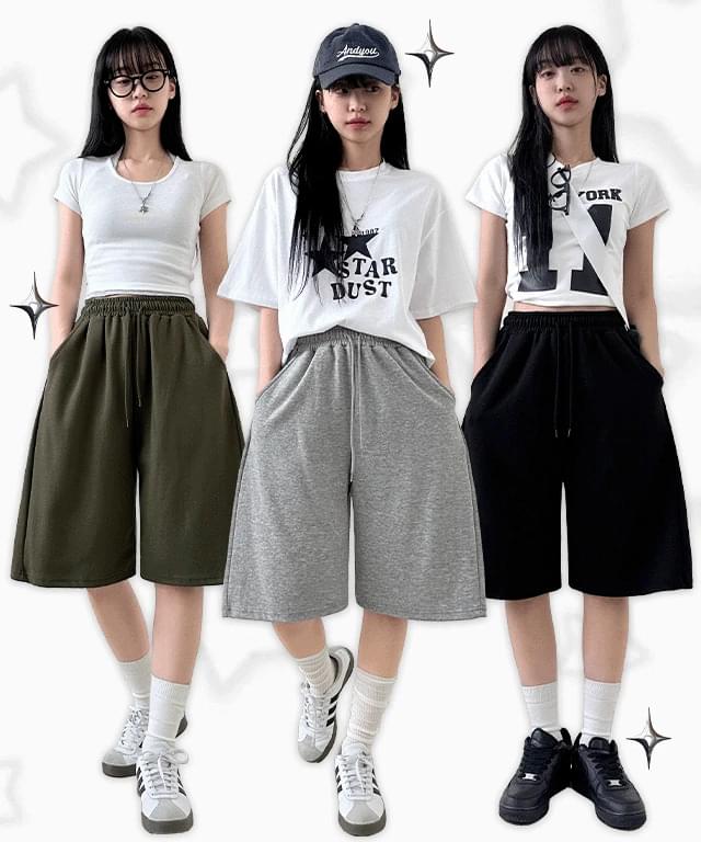 ダブルスリットラインワイドバミューダパンツ ショートパンツ スウェットパンツ レディース｜韓国 Loonough｜コーディブック