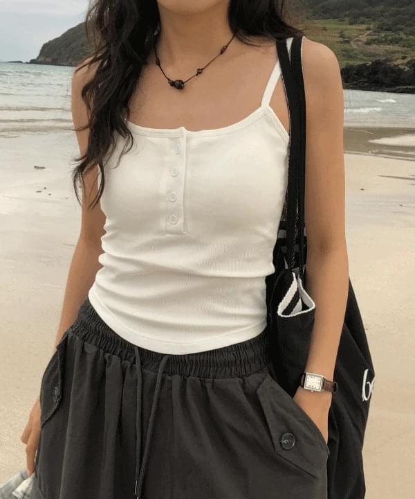 プレントスリムフィットボタンリブストラップタンクトップ サマールック 3カラー ノースリーブ タンク..