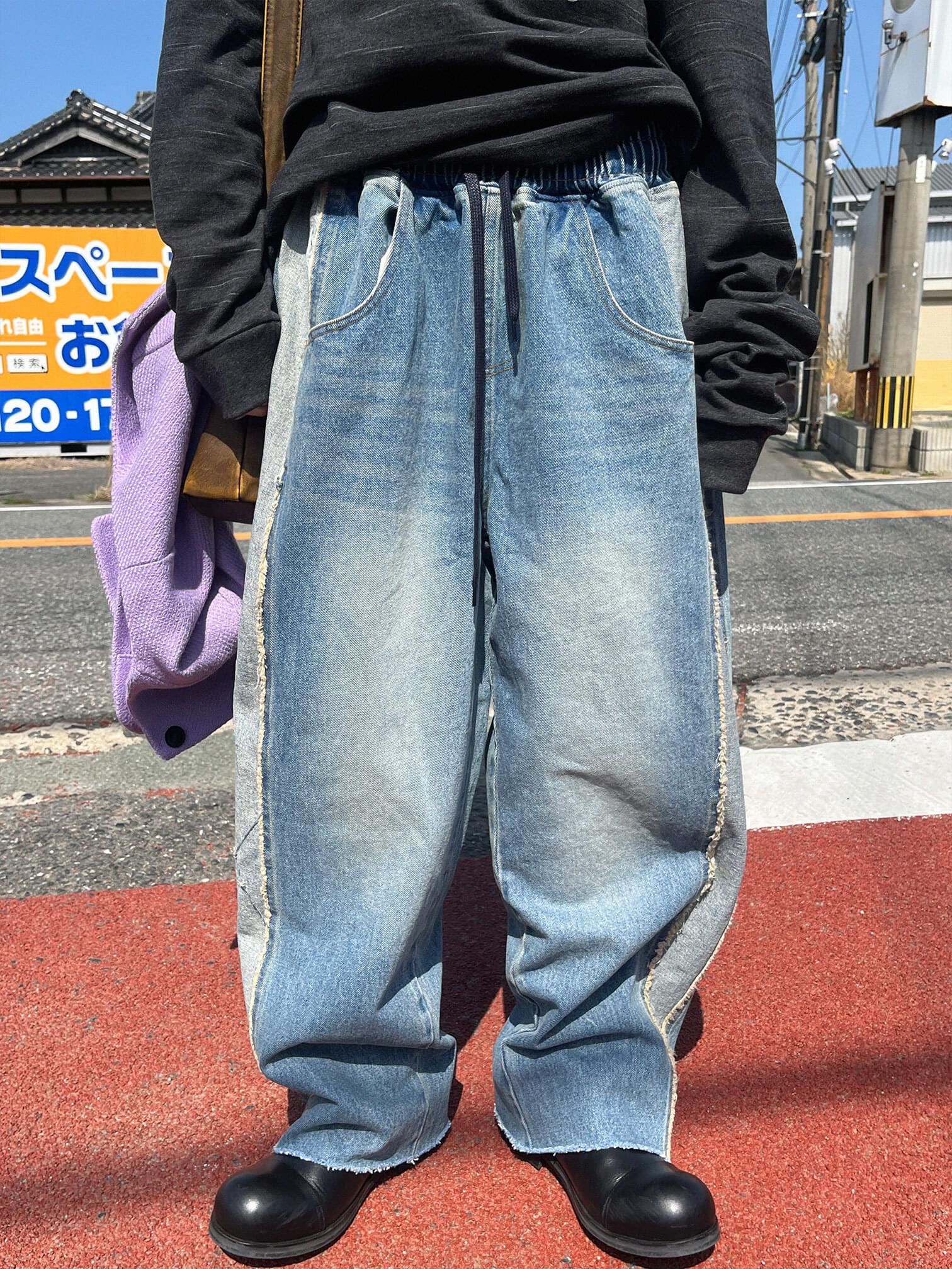 サイドカラーコンビビッグオーバーデニム デニムパンツ レディース｜韓国 kim9hope｜コーディブック