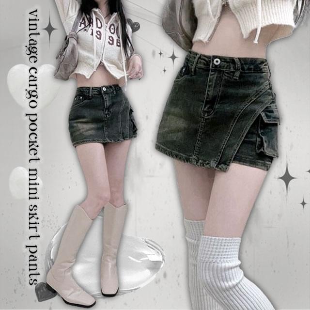 チェダーポケットウォッシュパンラップワッシングデニムショートスカートパンツ スカート デニムスカー..