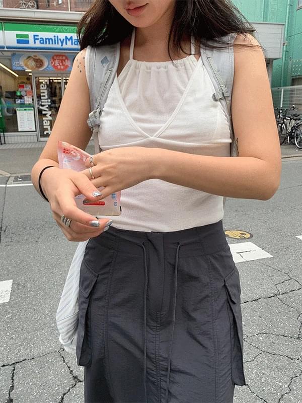 layered halter neck sleeveless ノースリーブ タンクトップ レディース｜韓国 Linenne｜コーディブック