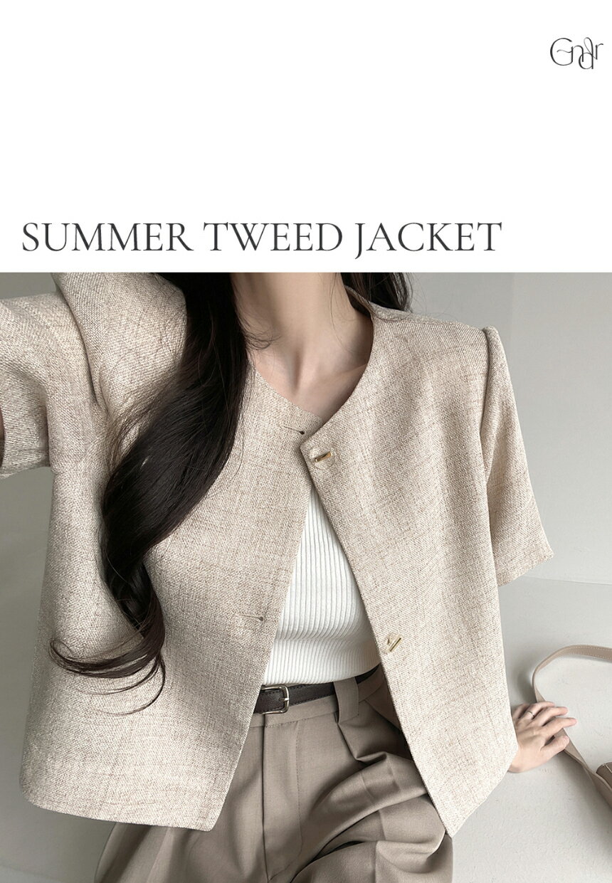 ガナダラン ティンザー ノーカラーラウンドネック2つボタン半袖ツイードジャケット ジャケット レディース｜韓国 GANADARAN｜コーディブック