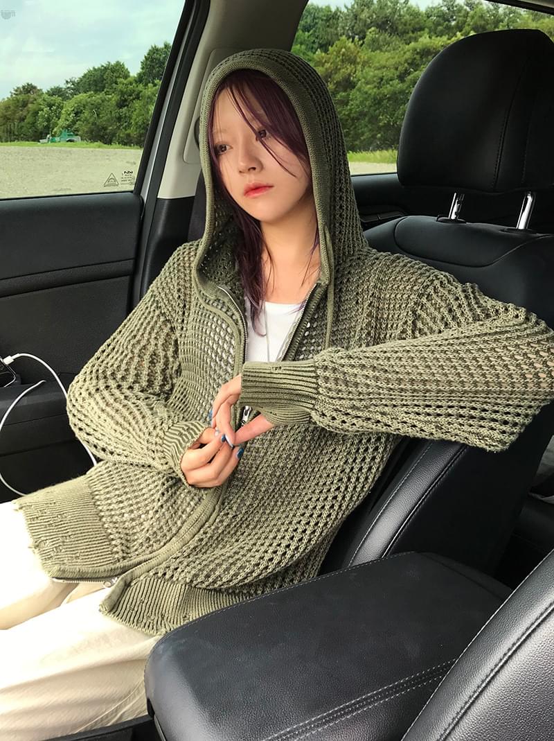 NET DAMAGE HOOD ZIP-UP ジップアップ レディース｜韓国 AAKE｜コーディブック