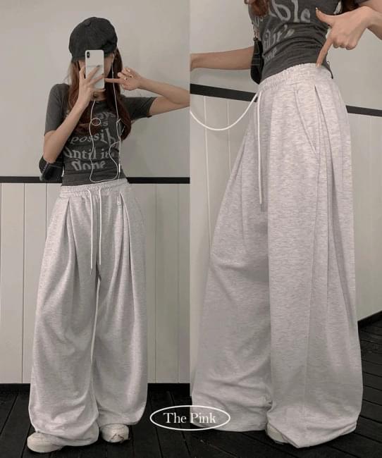 ピンタックバンディングピンタックスナップワイドトレーニングパンツ パンツ スウェットパンツ レディース｜韓国 thepink｜コーディブック