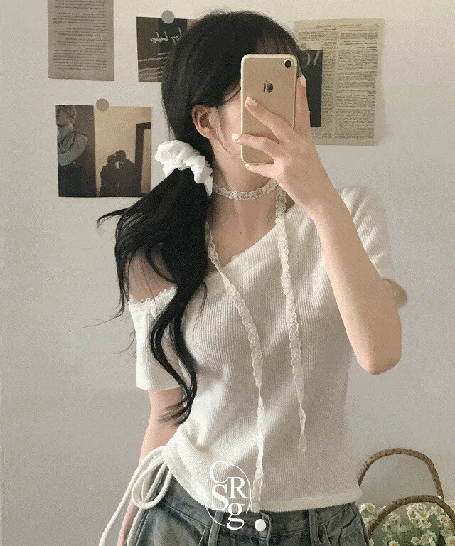 ミニレースワンオフショルダー半袖ニ...