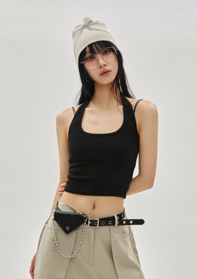 スレッドラインホルターネックスリーブレス ノースリーブ レディース｜韓国 privatelookbook｜コーディブック
