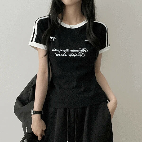 デエルリボントラック3本線半袖Tシャツ 半袖 Tシャツ レディース|韓国 HIJJOO|コーディブック