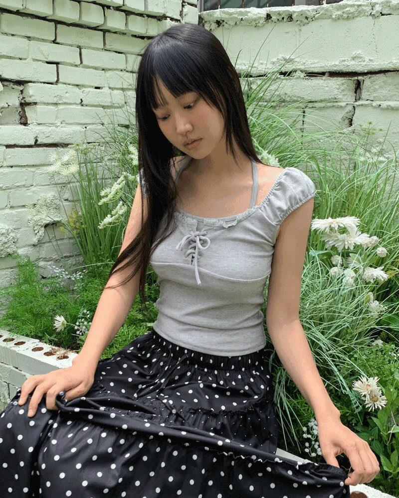 ジェディンアイレットリボンホルターネックシャーリングパフスリーブレス ノースリーブ Tシャツ レディース｜韓国 wonderwonder｜コーディブック