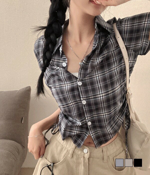 アゲイン サイドシャーリング ストリング チェック半袖シャツ 半袖 Tシャツ シャツ レディース｜韓国 gifteabox｜コーディブック