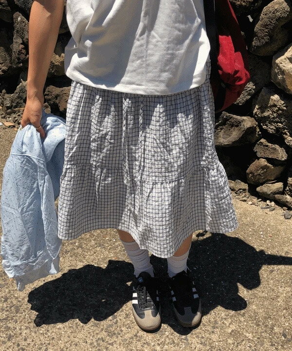 ダイオデイリーチェックコットンバンディングフレアミディスカート スカート ラッフルスカート レディース｜韓国 MANDARINE TREE｜コーディブック