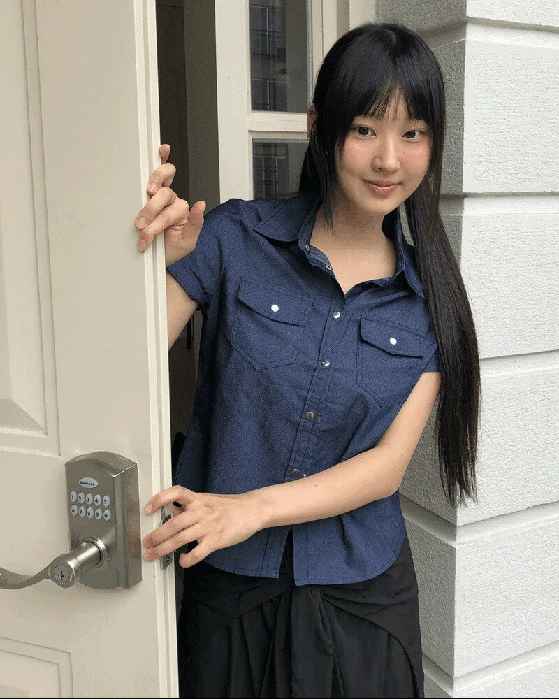 シユスリムフィット生地デニムポケット半袖シャツ シャツ レディース｜韓国 wonderwonder｜コーディブック