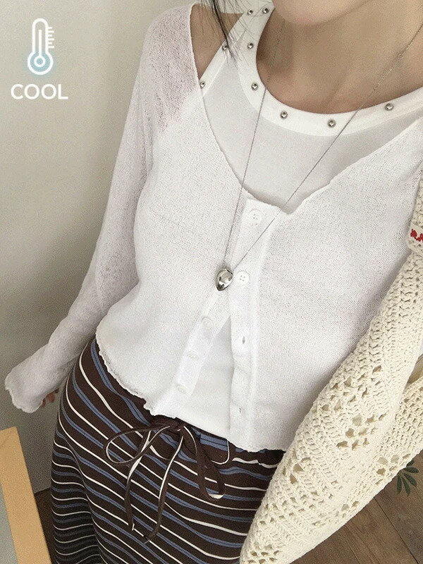 クルーディ夏リネンシースルーラウンドネックフリル長袖カーディガン カーディガン / ベスト レディース｜韓国 frenchaube｜コーディブック