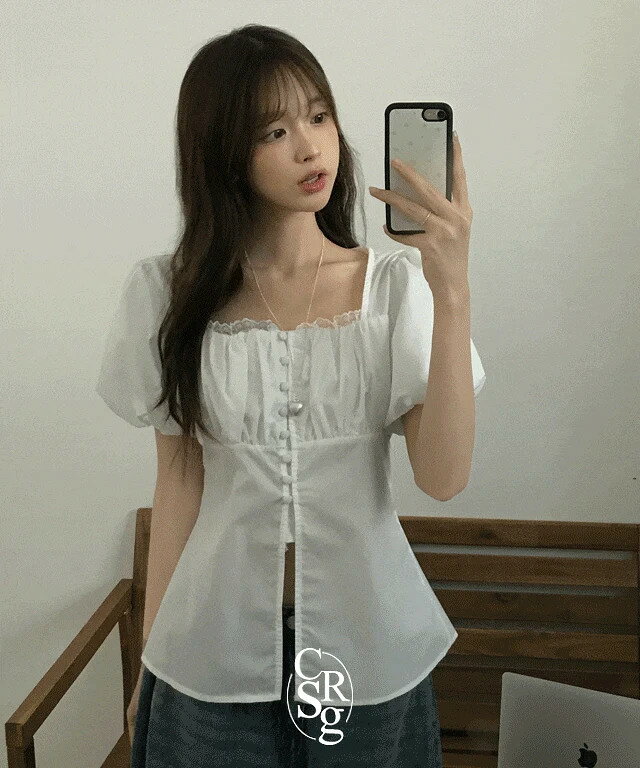 ウィンダーレースシャーリング半袖ブラウス ブラウス レディース｜韓国 creamsugar｜コーディブック