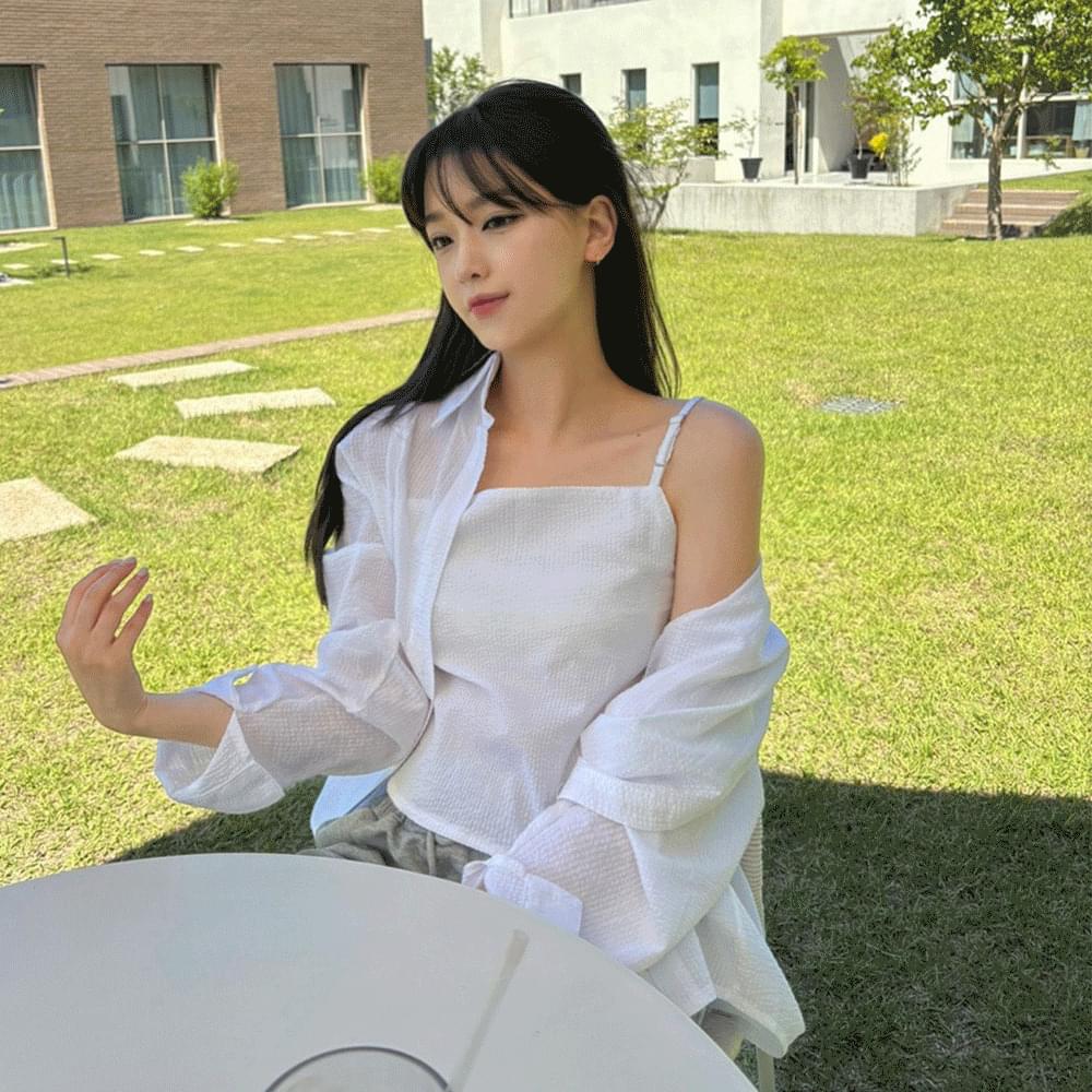 サマーストライプシアサッカーカラー長袖ロングシャツ+ビスチェストラップノースリーブセットレイヤー..