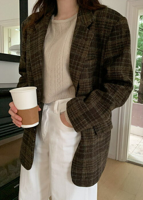 ビンテージシングルウールチェックジャケット ジャケット テーラードジャケット レディース｜韓国 frombeginning｜コーディブック