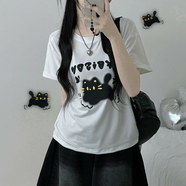 チョンチョン猫プリントレタリングボックスフィット半袖Tシャツ 半袖 Tシャツ Tシャツ レディース｜韓国 ccomeng｜コーディブック