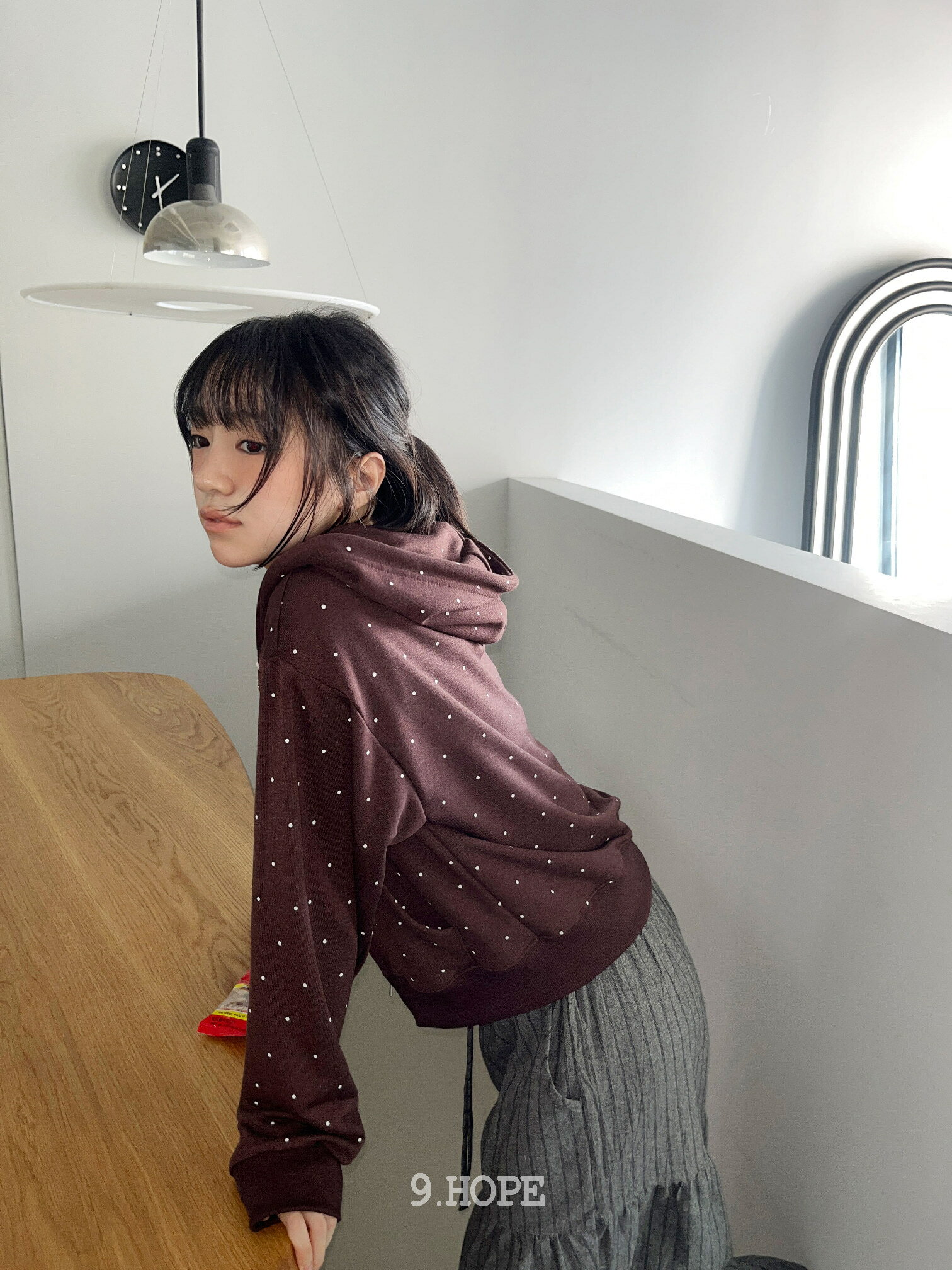 ミニチップドットフーディジャケット ジップアップ フードパーカー レディース｜韓国 kim9hope｜コーディブック