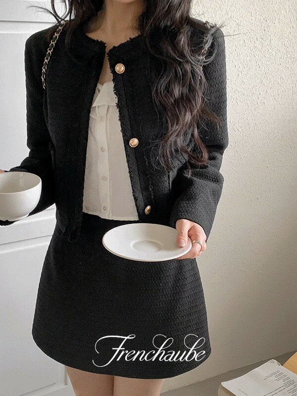 アンティークノカラーラウンドクロップツイードフォーマル秋ジャケット ジャケット カーディガン レディース｜韓国 frenchaube｜コーディブック