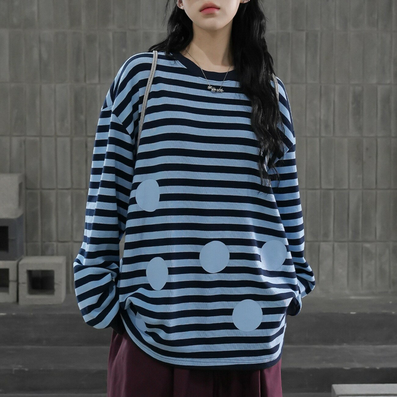 ドフィンストライプドットTシャツ 長袖 Tシャツ Tシャツ レディース｜韓国 binary01｜コーディブック