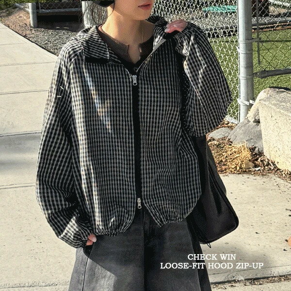 エンロウインドボクシーフィットチェックフードジップアップハイネックジャケット ジップアップ ウィンドブレーカー レディース｜韓国 HIJJOO｜コーディブック