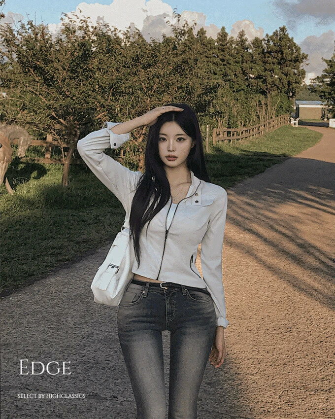 エッジノカラーネックチョーカーヴィンテージボタンジッパーポケット切り替えスリムフィット薄手コット..