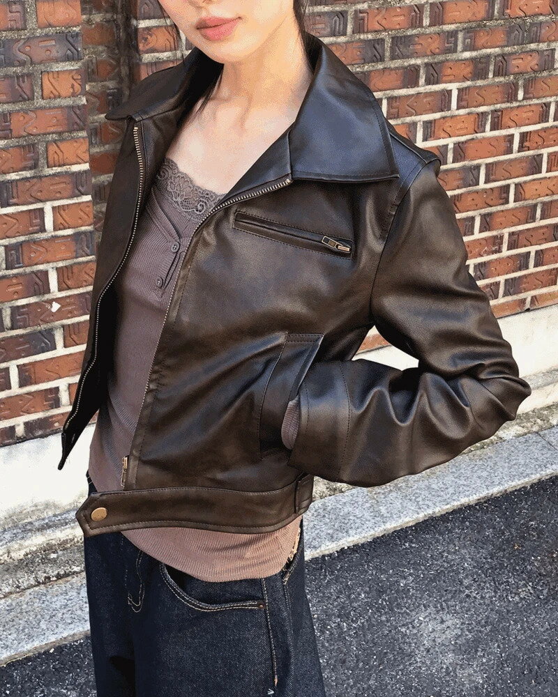 デュネンカラージッパーポケットバイカーウォッシングレザージャケット ジャケット biker-jacket レディース｜韓国 wonderwonder｜コー..