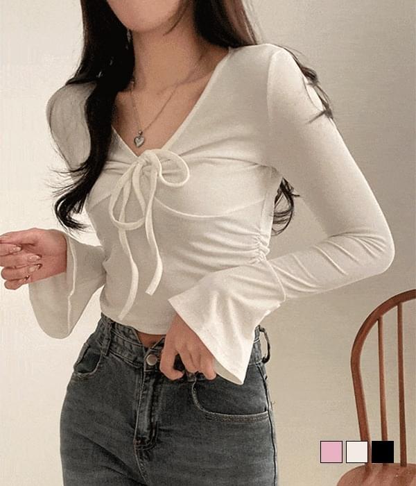 メローディングストラップリボンVネックシャーリングラッパクロップ長袖Tシャツ 長袖 Tシャツ Tシャツ ..