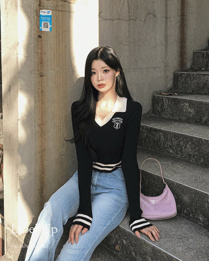 レーベルアップカラーVネック配色刺繍2ラインポイントスリムフィットクロップ長袖ニット ニット Tシャツ レディース｜韓国 highclassic｜コーディブック(4)