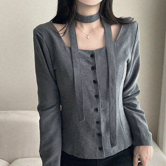 オールデスエードボタンスクエアネックラインブラウス ブラウス レディース｜韓国 peelrang｜コーディブック