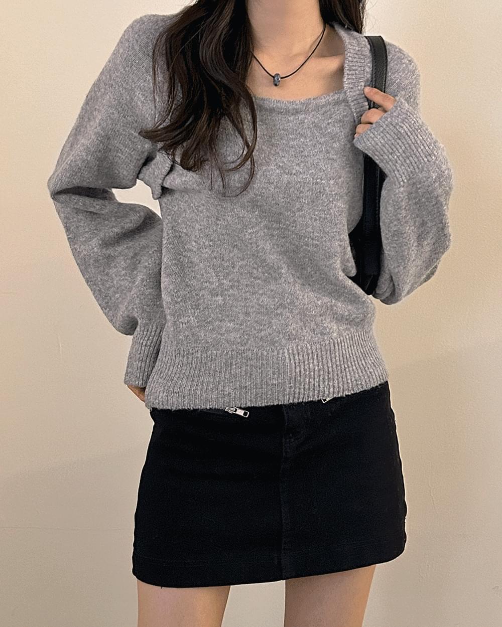 ロンドボレロ一体型スクエアネッククロップ長袖ニット ニット セーター レディース｜韓国 ondeed｜コー..