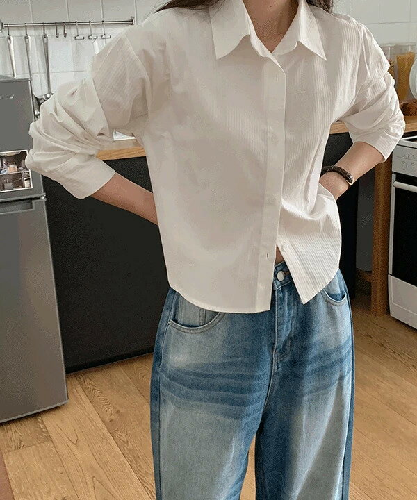 ベニピンストライプヘリンボンクロップシャツ シャツ レディース｜韓国 moaround｜コーディブック