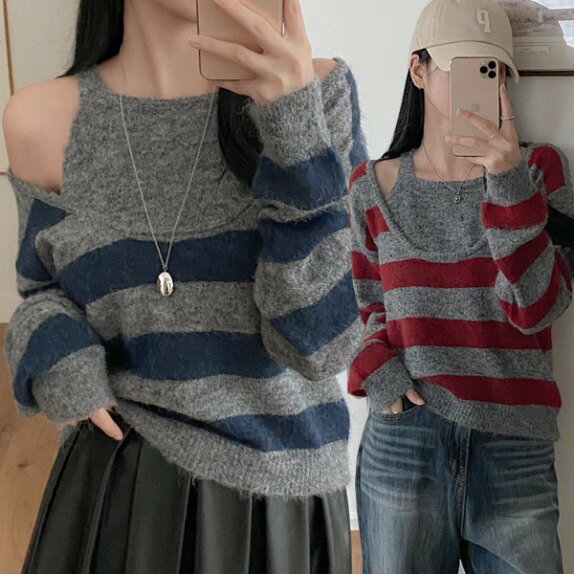 ポジションレイヤードストライプニット ニット セーター レディース｜韓国 dangosister｜コーディブック