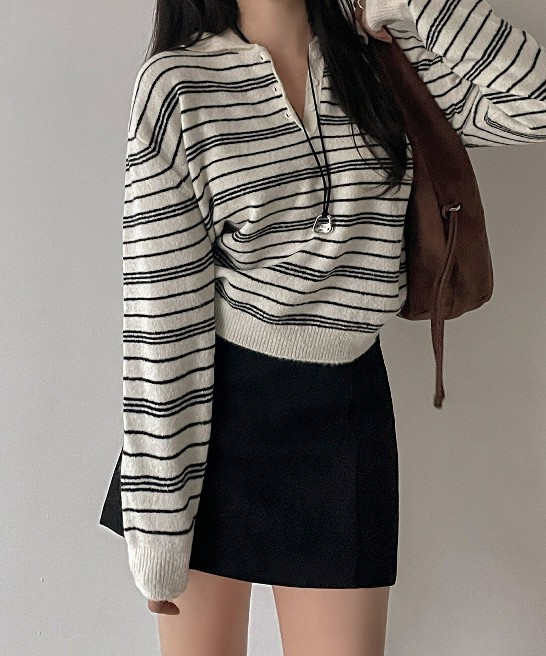 ウィットミー秋カラーネックストライプラグビールーズフィット長袖ニット ニット レディース｜韓国 lov..