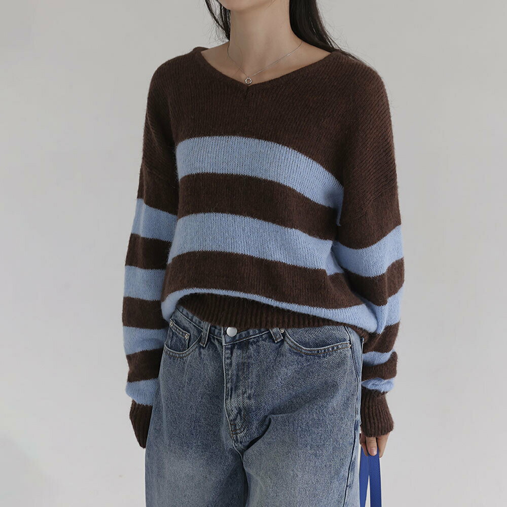 デプスウールルージュVネックストライプニット ニット セーター レディース｜韓国 common unique｜コーディブック