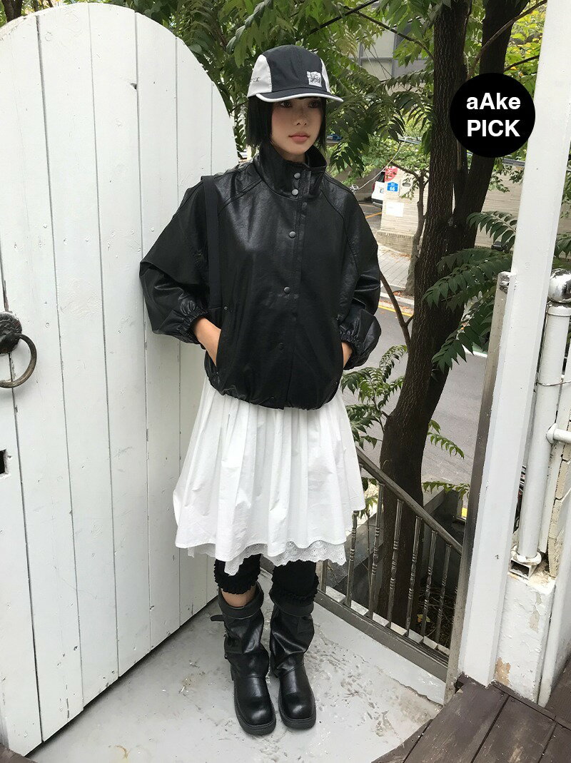 SOFT HIGH-NECK LEATHER JUMPER (brown / black) ジャケット レディース｜韓国 AAKE｜コーディブック