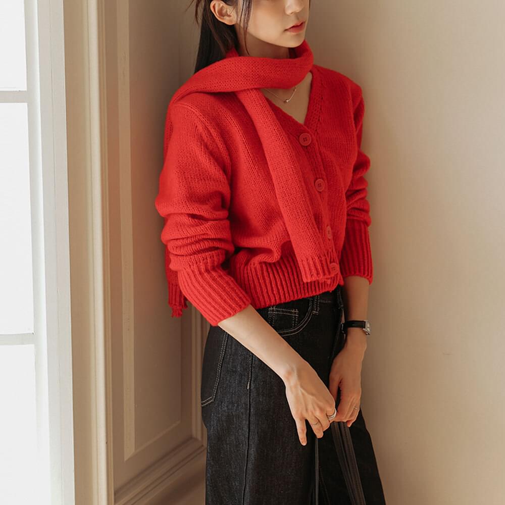 モツネマフラーセットVネックニットカーディガン カーディガン / ベスト カーディガン レディース｜韓..