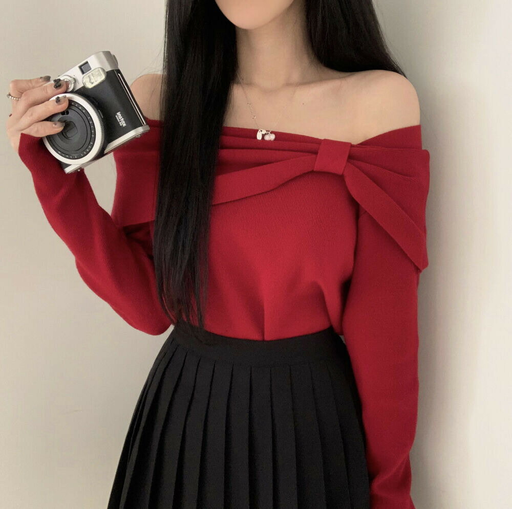 ラブリーリボンオフショルダーニット ニット セーター レディース｜韓国 moodloveroom｜コーディブック