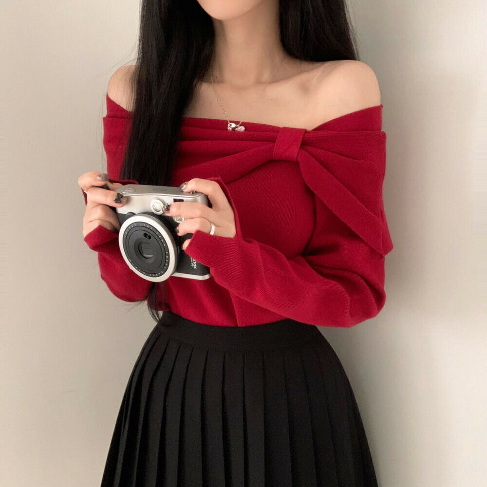 ラブリーリボンオフショルダーニット ニット セーター レディース｜韓国 moodloveroom｜コーディブック