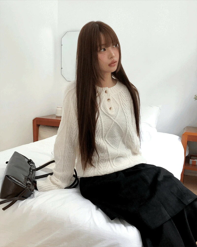 ドハケーブルヘンリーネックボタン長袖ニット ニット セーター レディース｜韓国 wonderwonder｜コーデ..