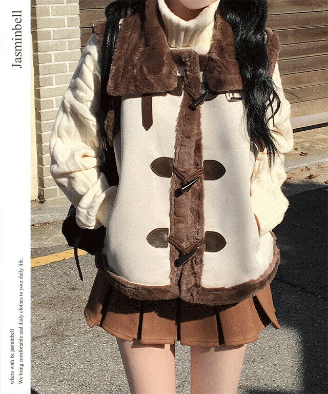 チェスナッツスウェードファーハイネックバックルもち米トッポッキムスタン ベスト レイヤードボアコー..