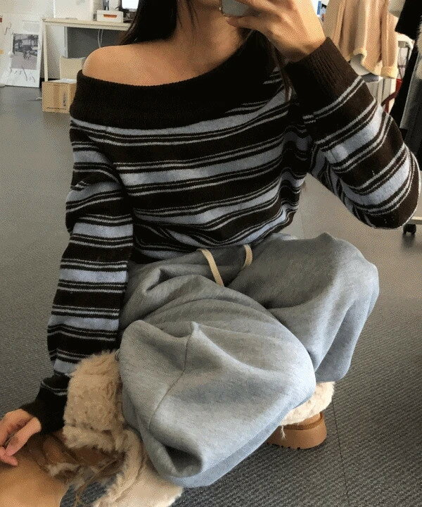 クリームチーズベーシックフィットストライプワンオフオフショルダーニット ニット Tシャツ レディース..