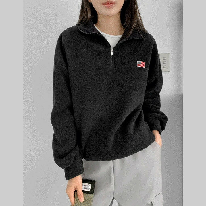 ミニフラッグフリースハーフジップスウェット ジップアップ フードパーカー レディース｜韓国 Qnigirls..