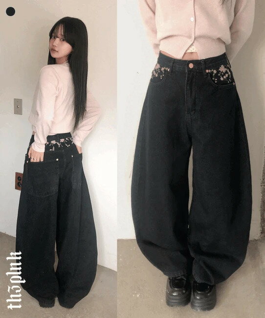 ボンボハイウエスト桜刺繍生地ワイドデニムパンツ デニムパンツ レディース｜韓国 thepink｜コーディブック