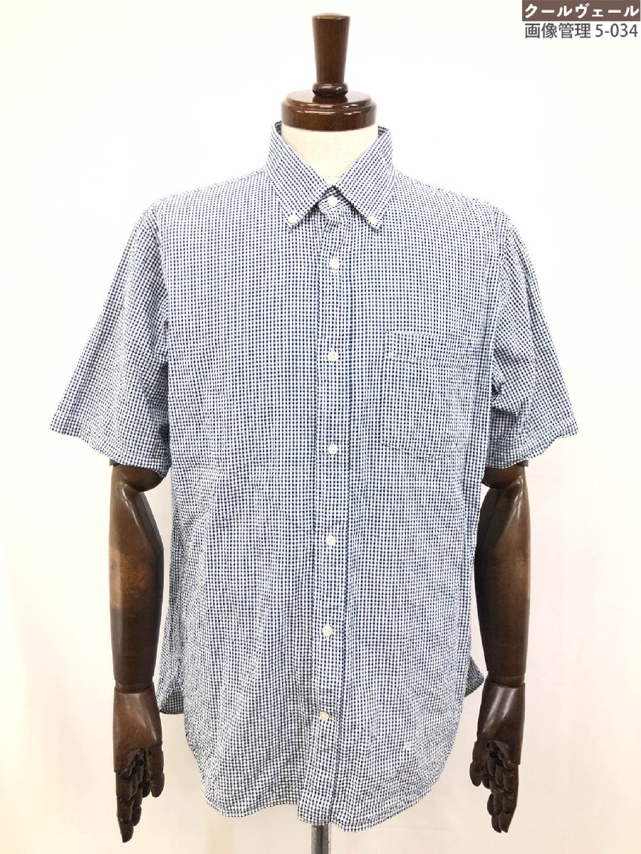美品【J.PRESS Jプレス】コットン100% 凹凸生地 ギンガムチェック柄 半袖シャツ (メンズ) sizeLL ホワイト×ネイビー系 ◇35MK5277◇...
