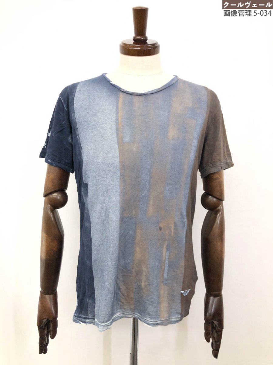 【エンポリオアルマーニ】J1T41J J1Q6J シアー素材 ロゴ刺繍 半袖 総柄カットソー Tシャツ (メンズ) sizeM 紺×茶系 伊製 ◇17MT608...