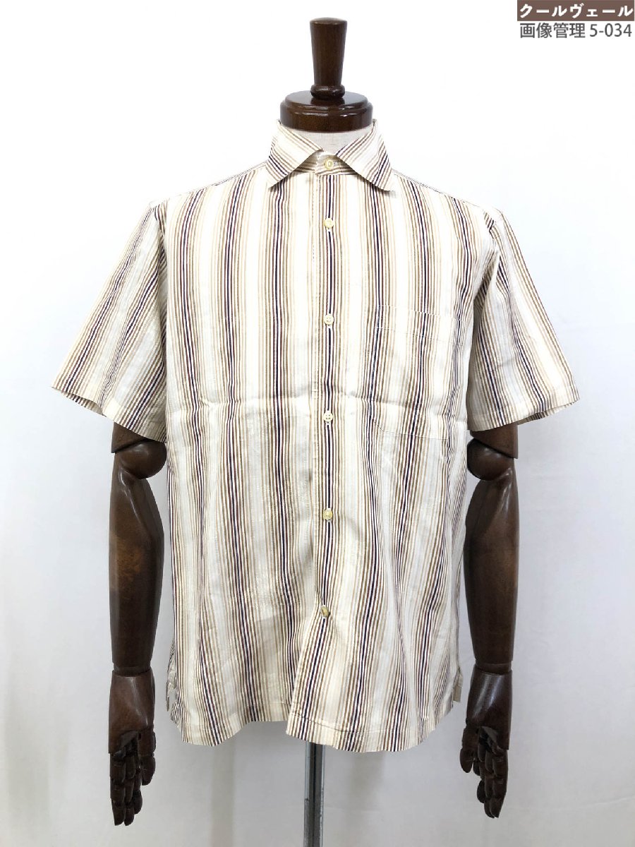 超美品【Paul Stuart ポールスチュアート】4NM22-874-45 コットン100% ストライプ柄 半袖シャツ (メンズ) sizeM 白×茶系 ◇3...