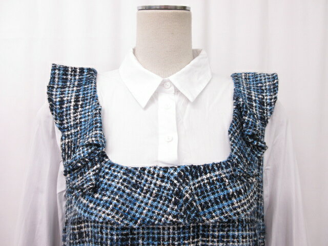 【ザラ ZARA】 重ね着風♪ ツイード生地 フリルデザイン ワンピース (レディース) sizeM ホワイト×ブルー系 □8LT3986□　【中古】