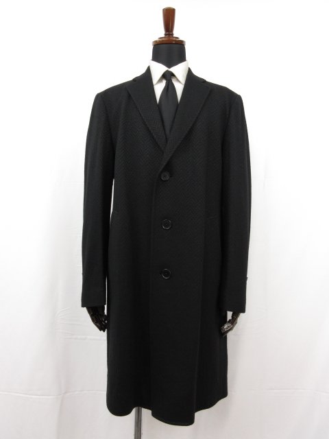 超美品【JOSEPH HOMME ジョセフオム】襟裏ラムレザー ヘリンボーン柄 ウールチェスターコート (メンズ) size52 ブラック ■17MW2972■ 【中古】