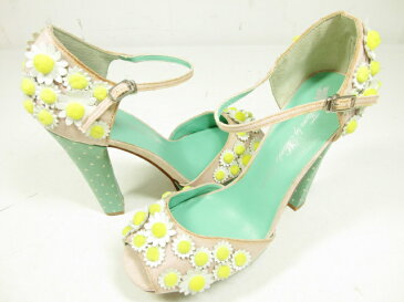 【ツルバイマリコオイカワ】 小花装飾♪ ストラップサンダル ハイヒール (レディース) size38 グリーン×ピンク ○8LZ2976○ 【中古】